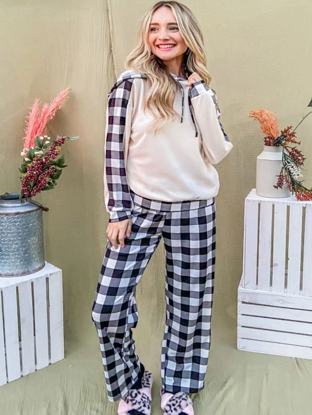 Cozy Plaid Lounge Set Hoodie Drawstring Top & Pants Size